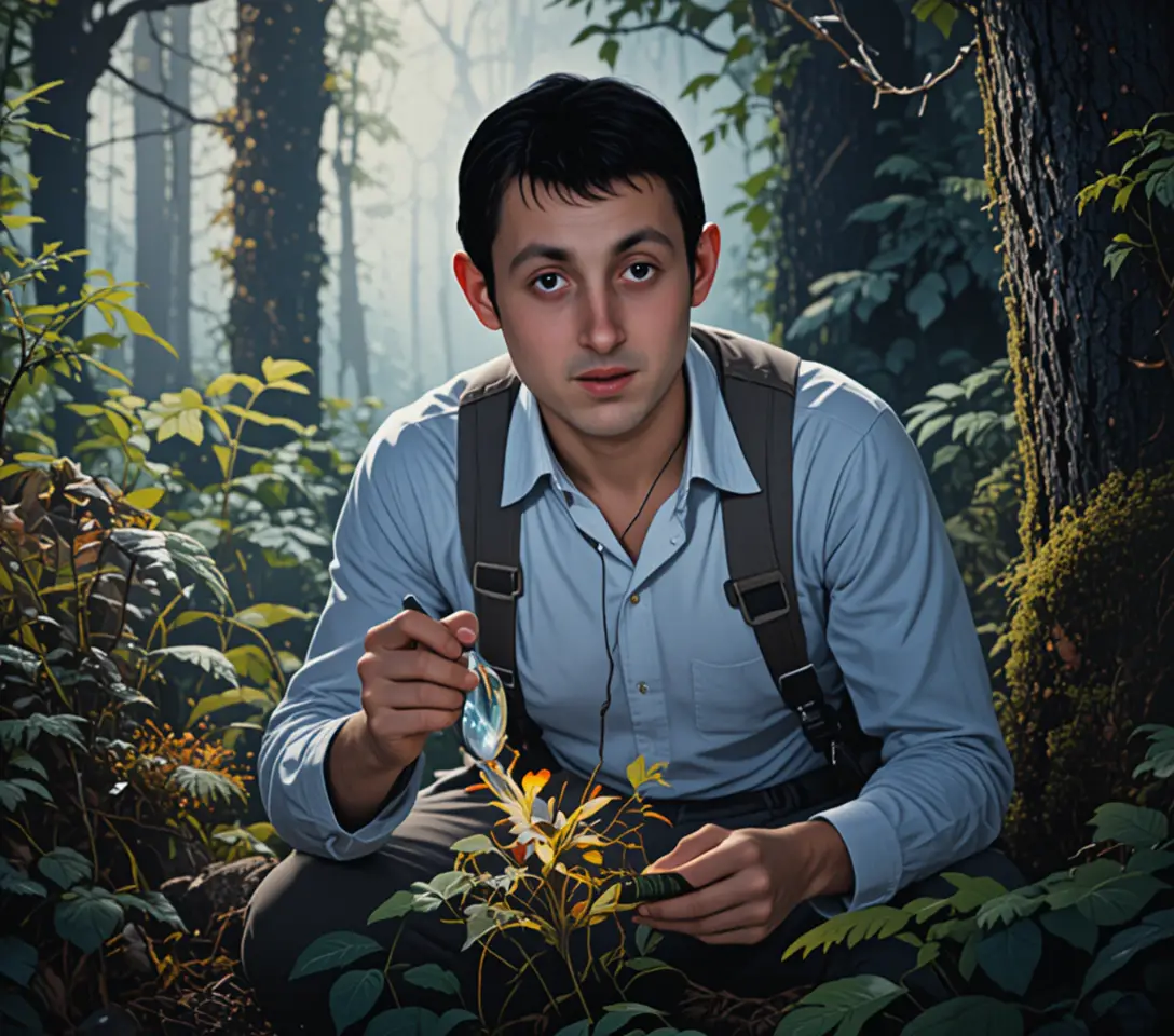 Junger Botaniker, der seltene Blumen im uralten Wald untersucht