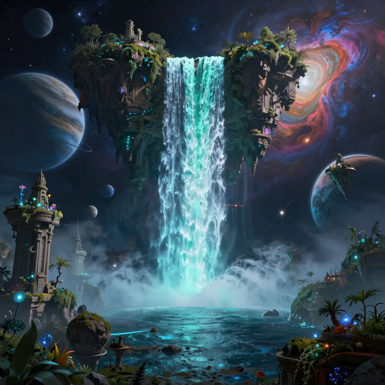 Cachoeira celestial jorrando de uma ilha flutuante para o espaço