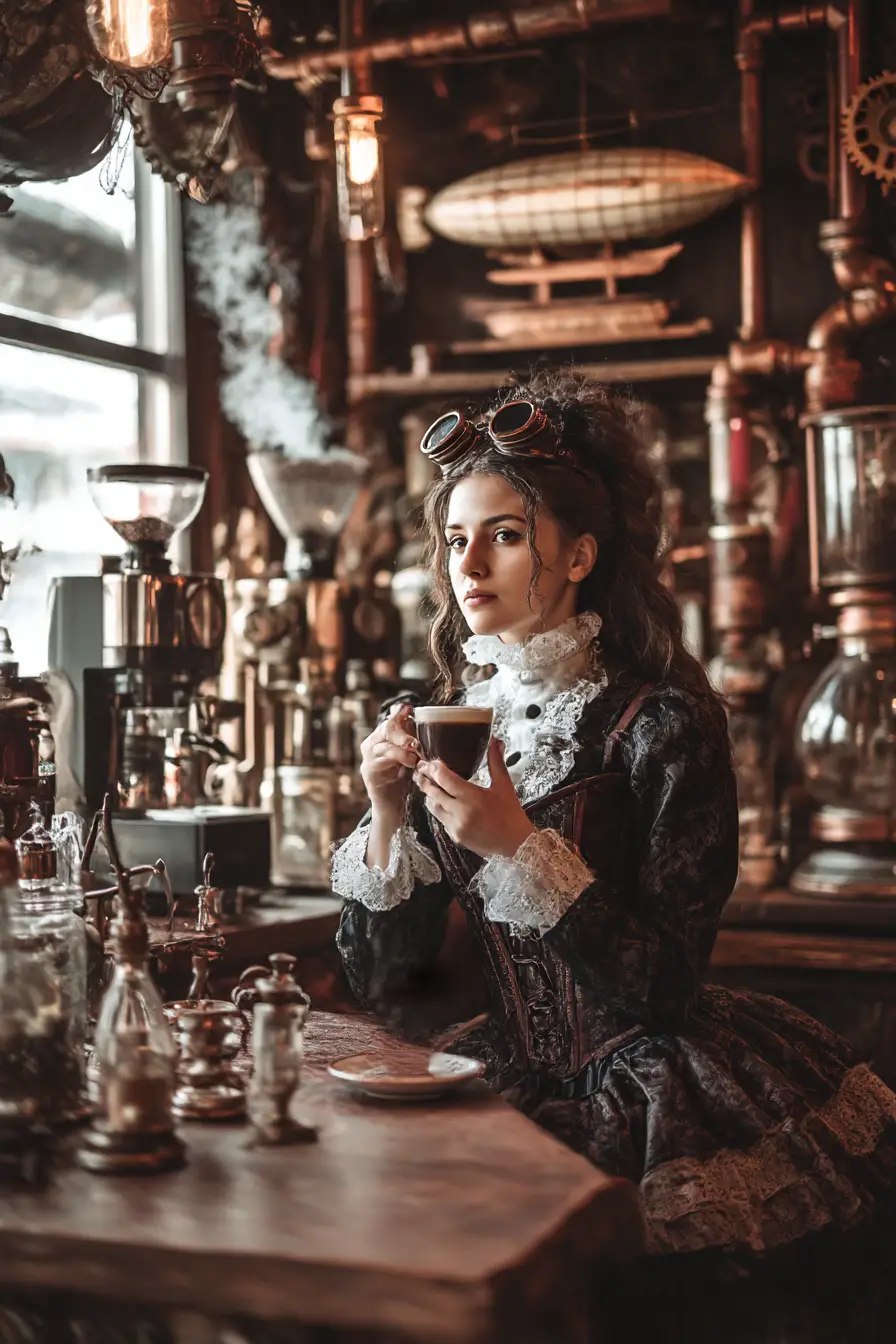 Viktorianisches Steampunk-Café mit junger Frau beim Kaffeetrinken