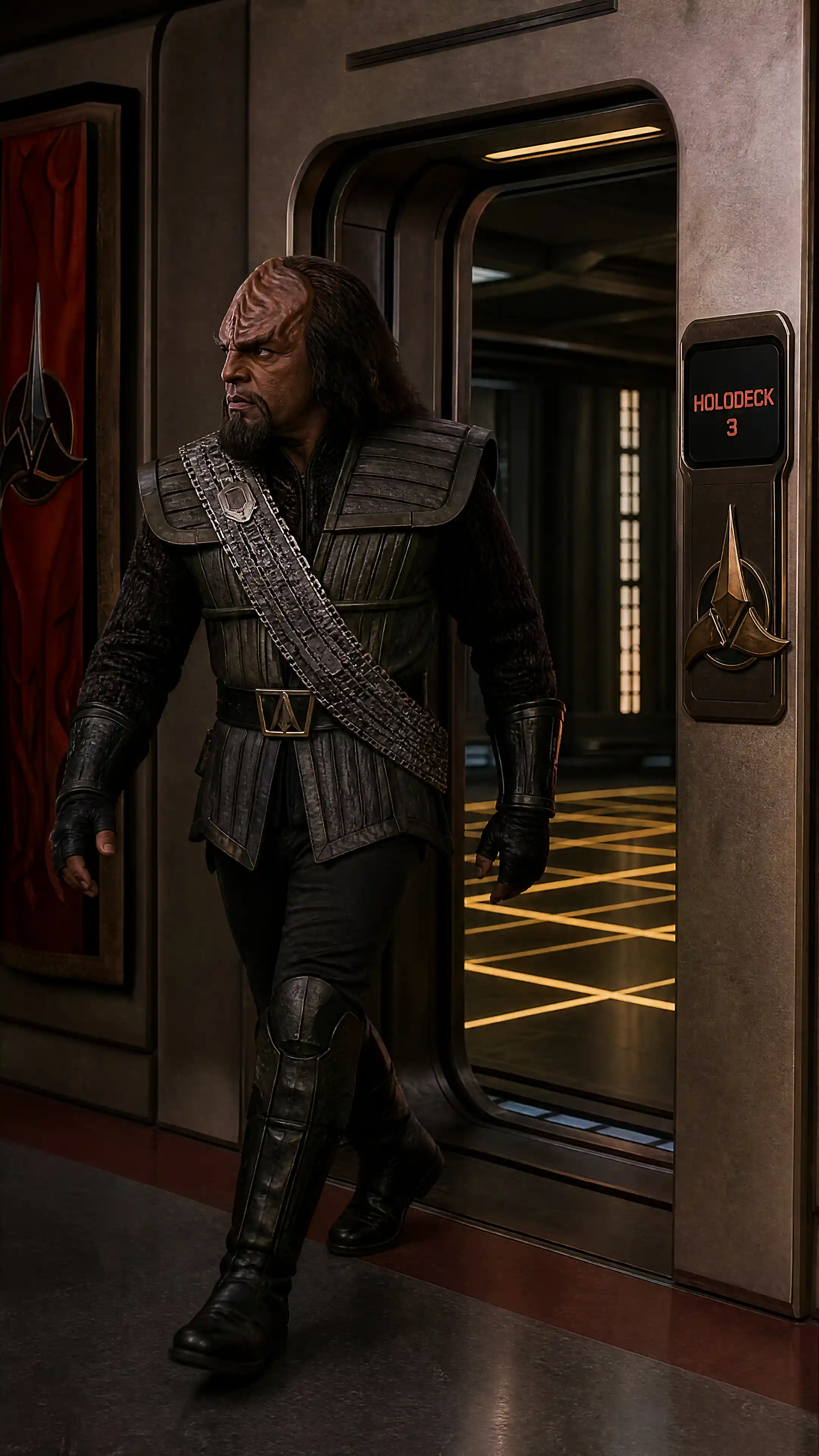 Guerreiro klingon saindo de uma sala de holodeck e virando à esquerda