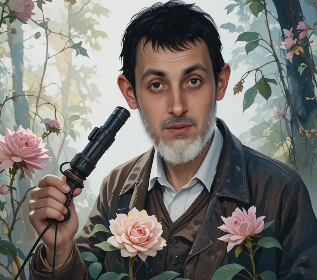 Botanist studying rare forest flowers with magnifying glass