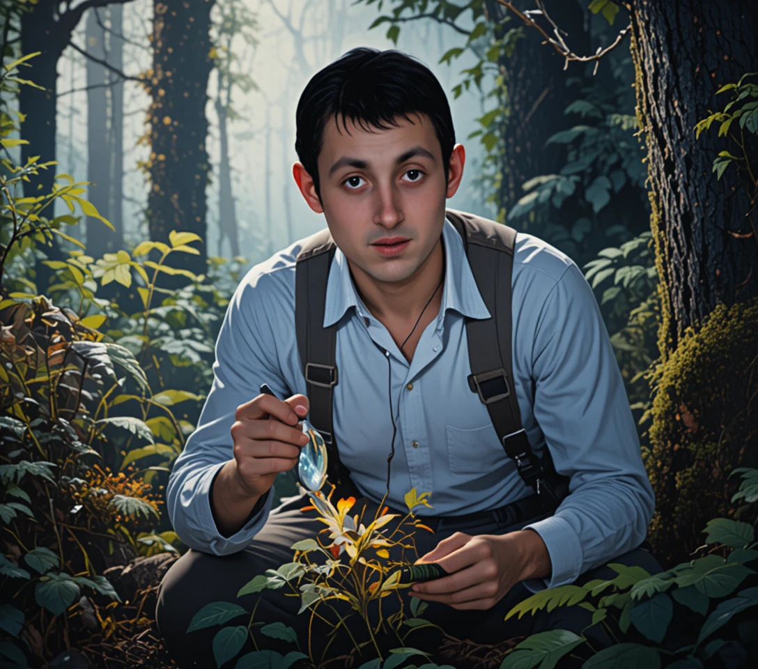 Junger Botaniker, der seltene Blumen im uralten Wald untersucht