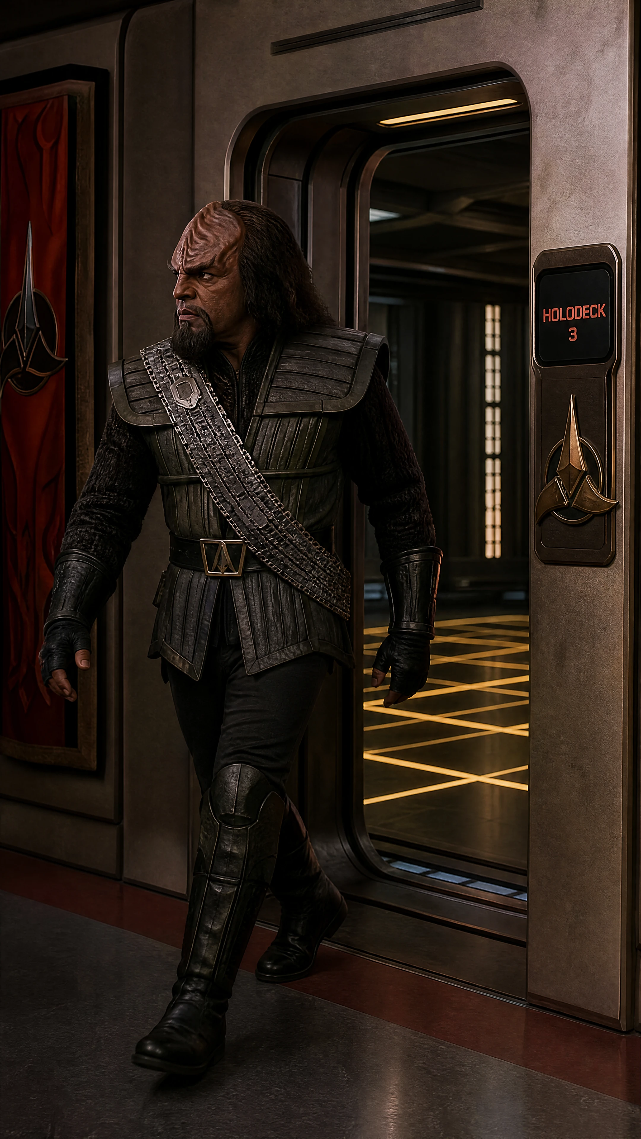 Guerriero klingon che esce da una stanza holodeck e svolta a sinistra