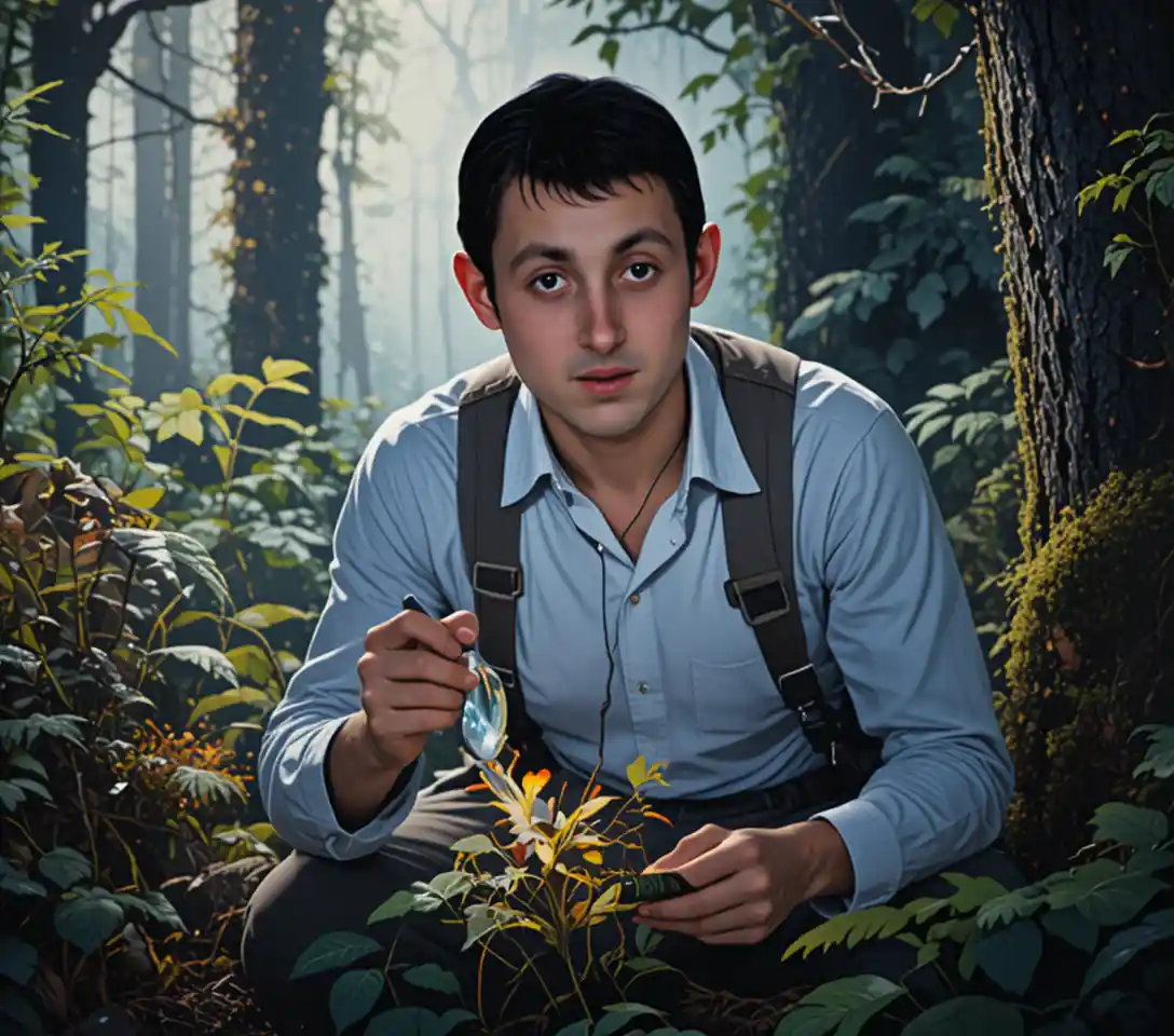 Joven botánico estudiando flores raras en un bosque antiguo