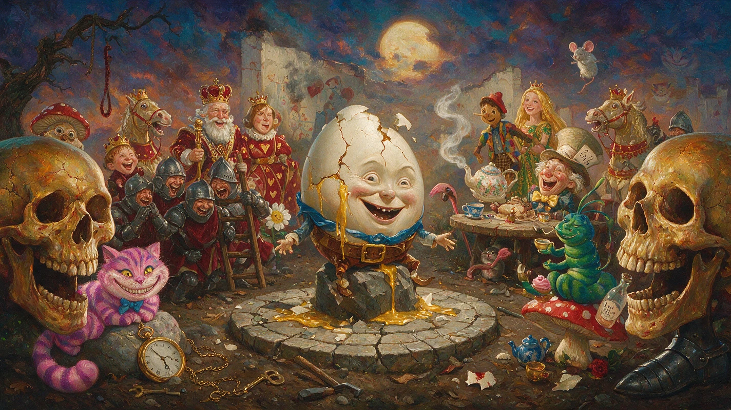 Humpty Dumpty in frantumi su un muro in un orrore surreale