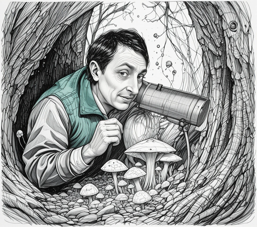 Entusiasta de botânica estudando cogumelos raros da floresta à noite