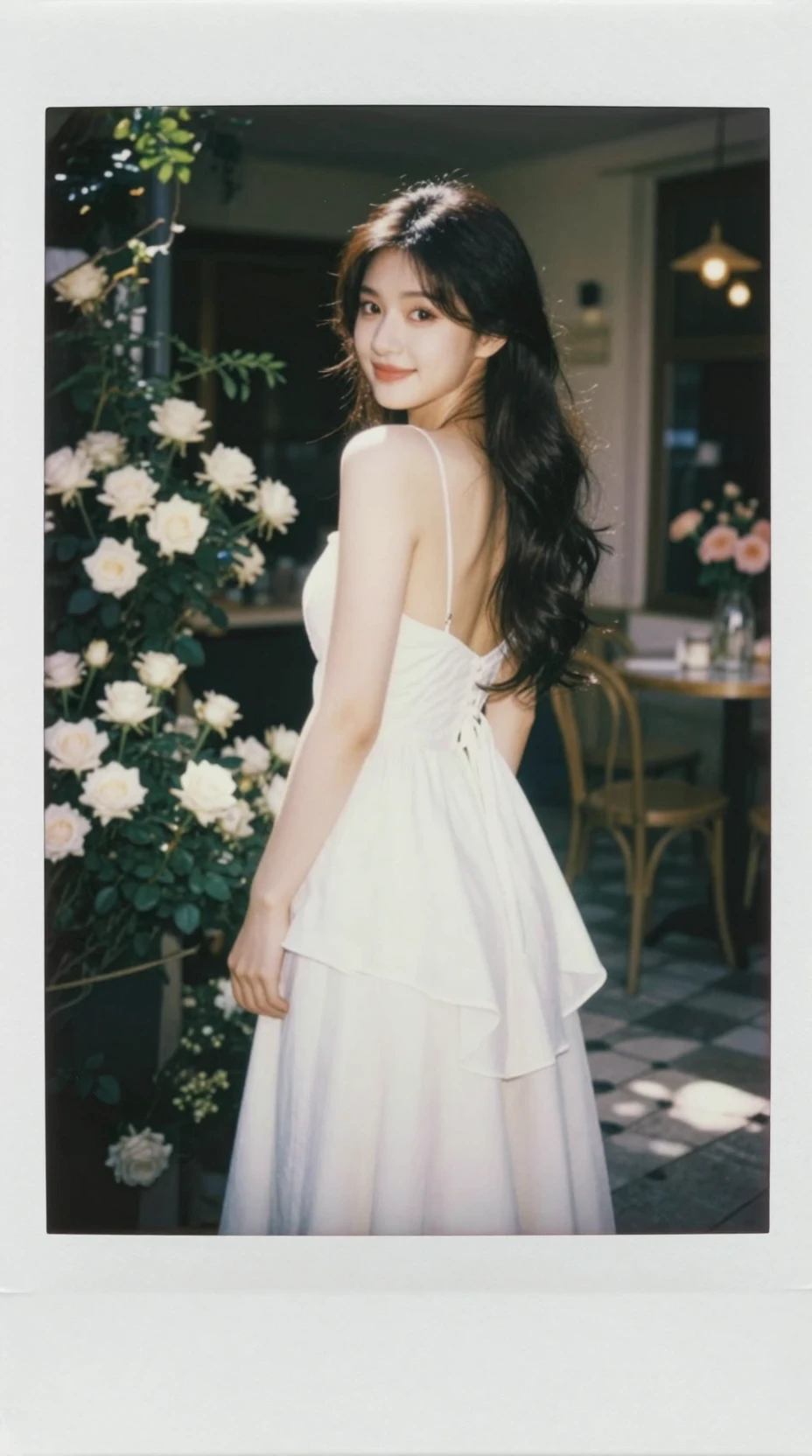 Woman in white dress at sunlit floral outdoor cafe