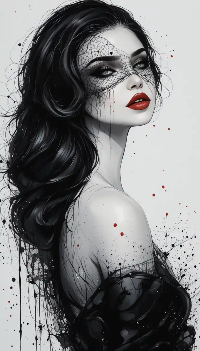 Retrato monocromático de mulher com véu e lábios vermelhos