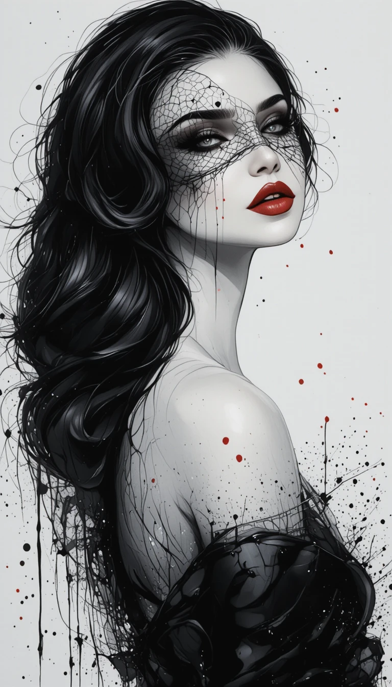 Retrato monocromático de mulher com véu e lábios vermelhos