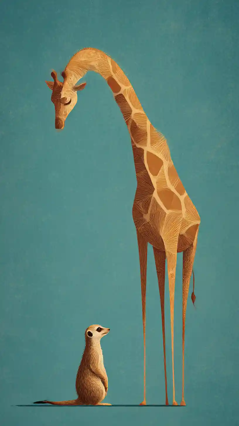 Rencontre surréaliste entre girafe et suricate en art numérique minimaliste