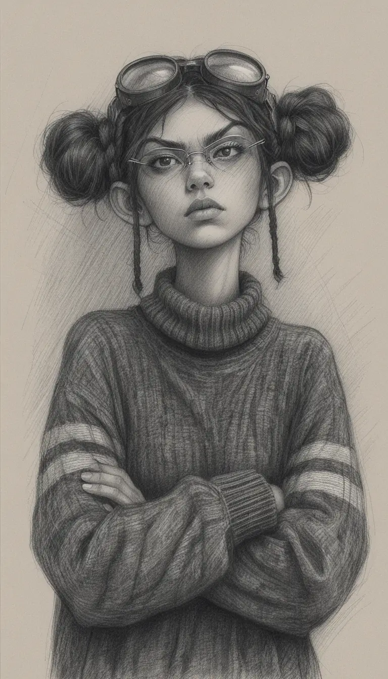 Moody pencil portrait of a rebellious girl with goggles