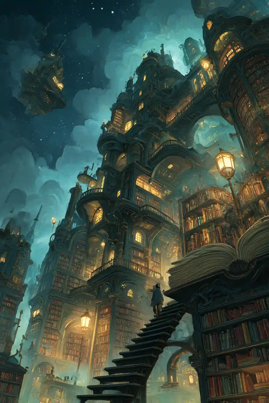 Imponente biblioteca steampunk sotto un cielo crepuscolare vorticoso