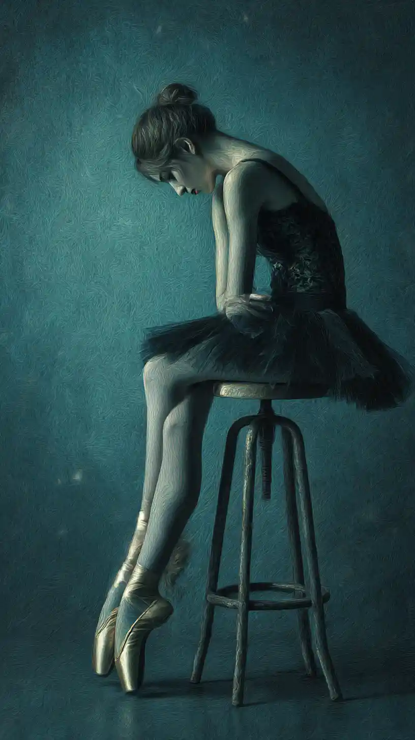 Ballerina pensierosa dalle proporzioni surreali su sfondo verde petrolio scuro