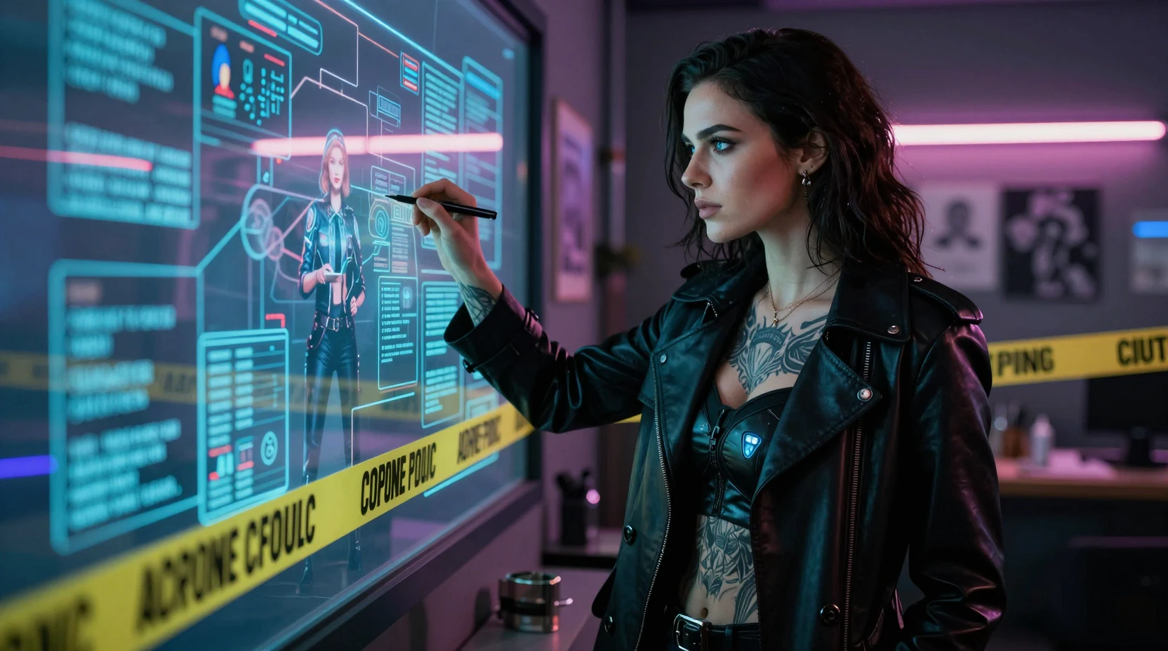 Détective cybernétique dans un studio de tatouage futuriste éclairé au néon