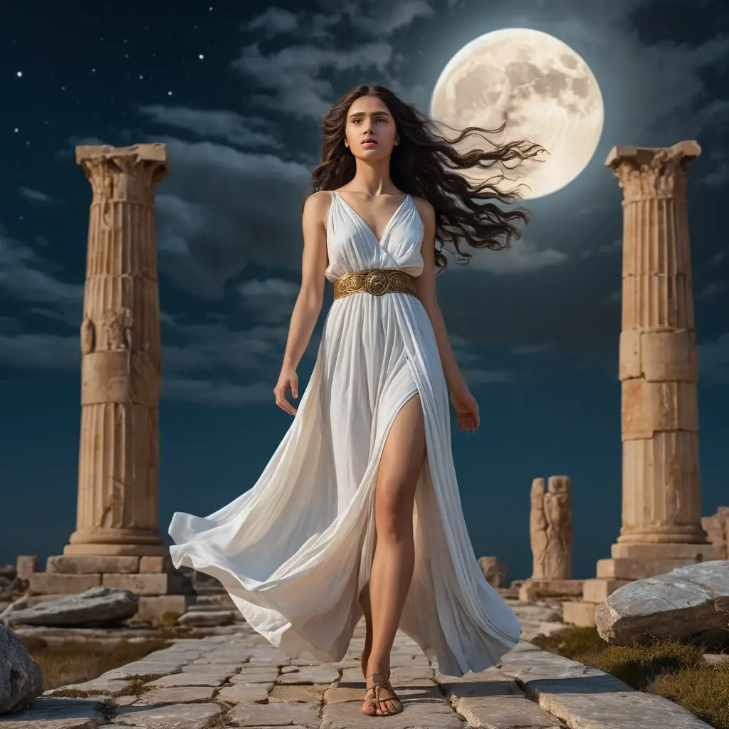 Moonlit goddess standing by ancient crossroads ruins