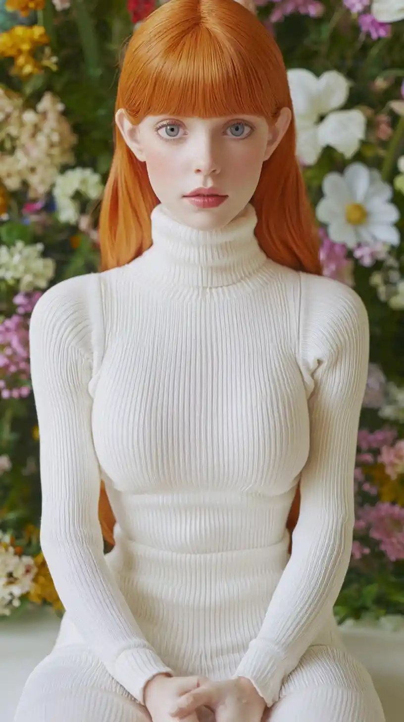 Mulher elegante de gola alta em pose diante de parede floral