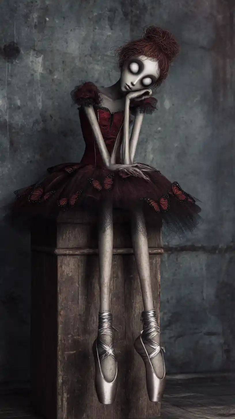 Ballerina gotica malinconica su uno sgabello di legno consumato