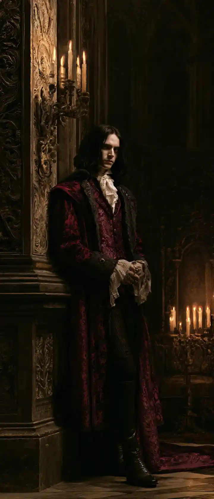 Vampire Aristocratique dans Salle Gothique à la Lueur des Bougies Peinture à l’Huile