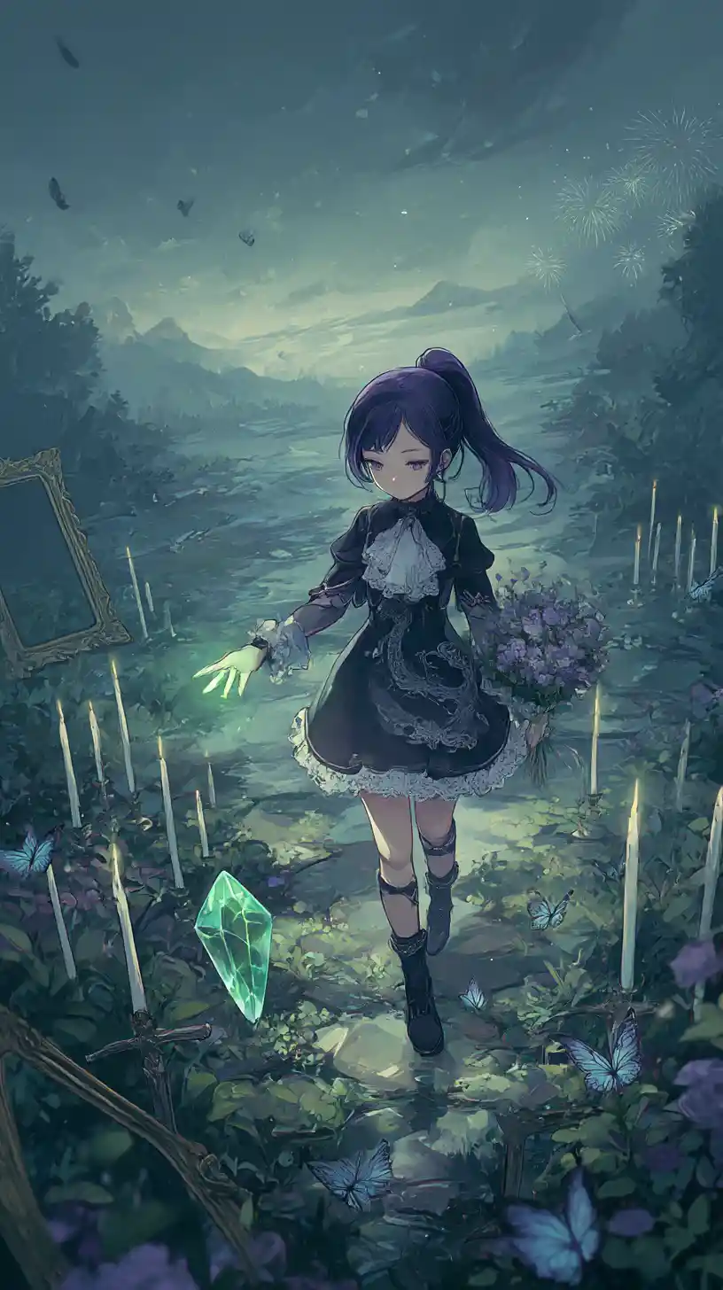 Sad anime girl walking through a field of crystal swords
