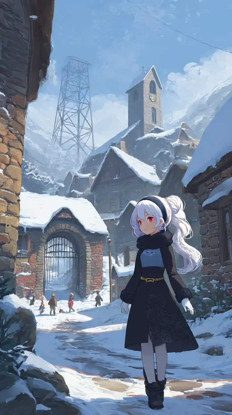 Anime girl walking through a snow covered village estate path