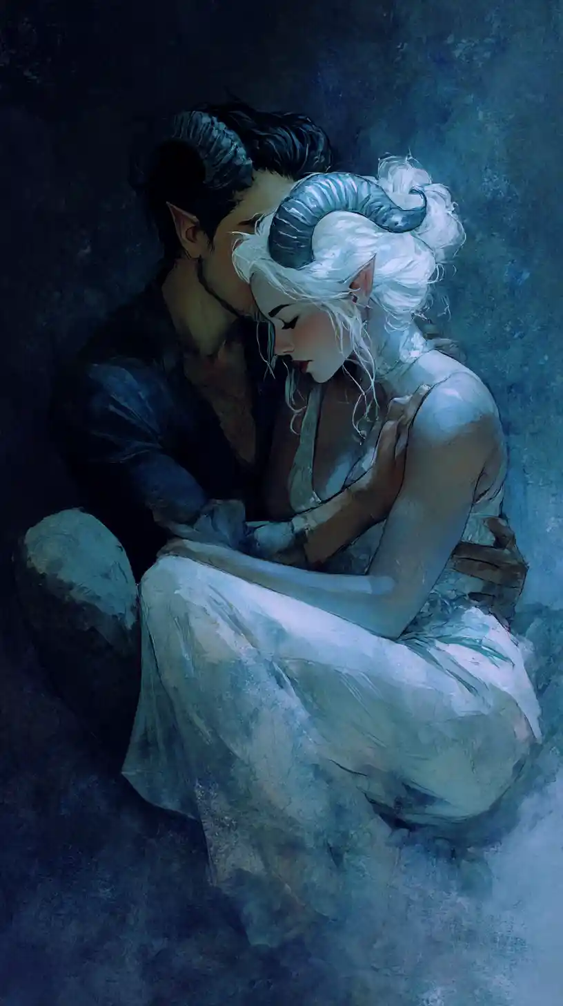 Tiefling woman embracing her lover in an intimate pose
