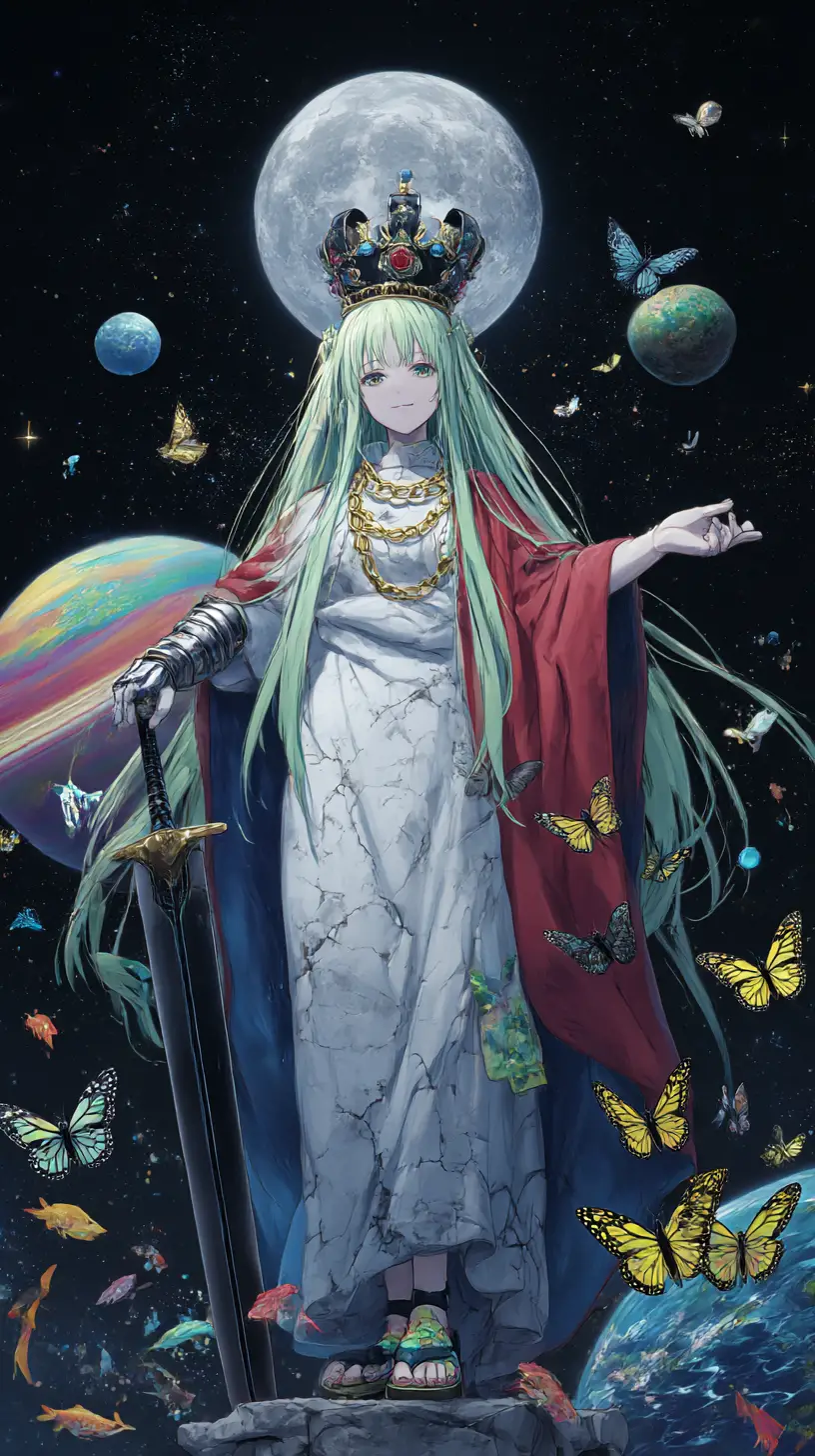 Fille d’anime à côté d’une statue colossale sous un ciel étoilé au clair de lune