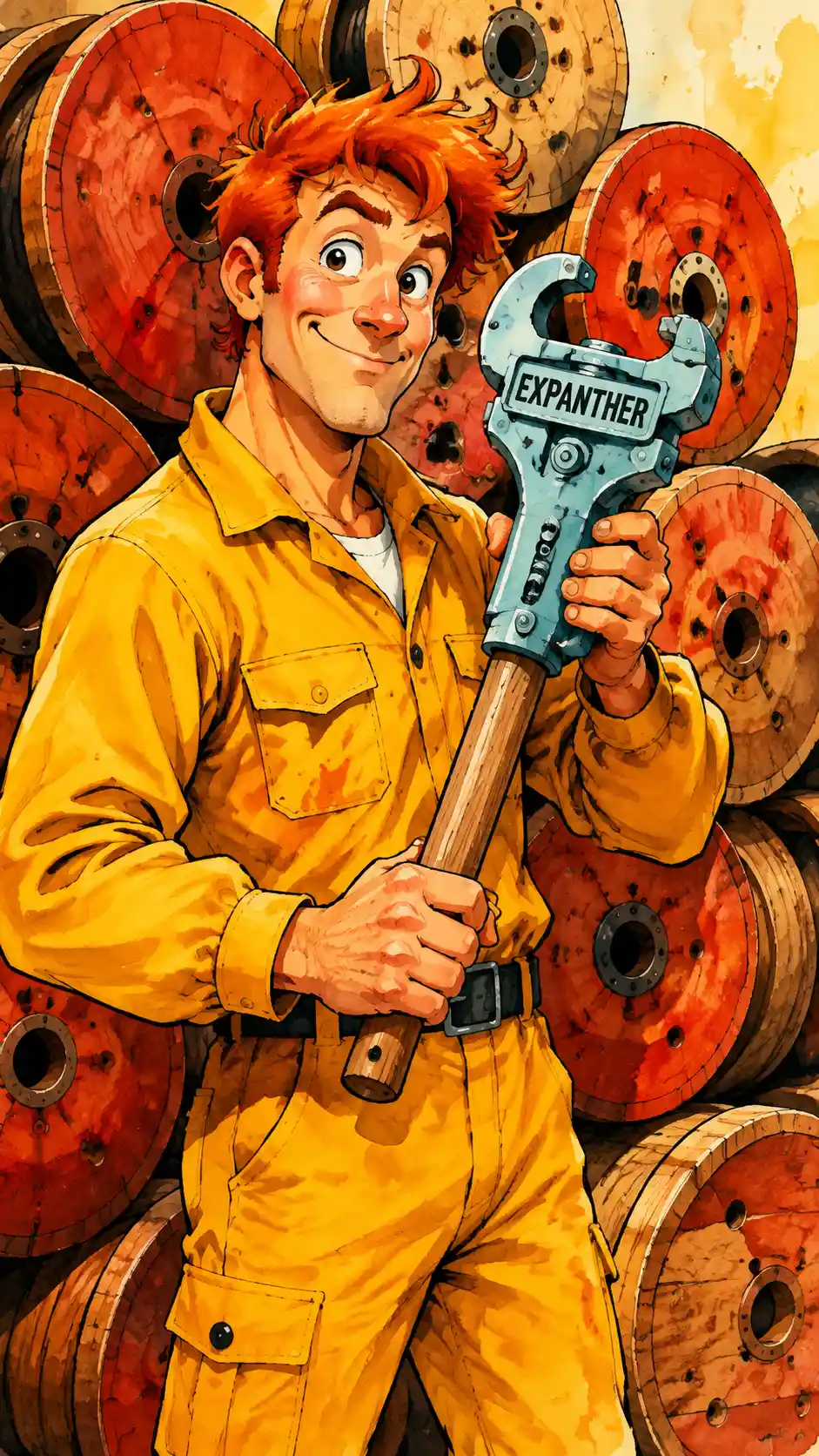 Homem em desenho animado de macacão amarelo segurando ferramenta de metal