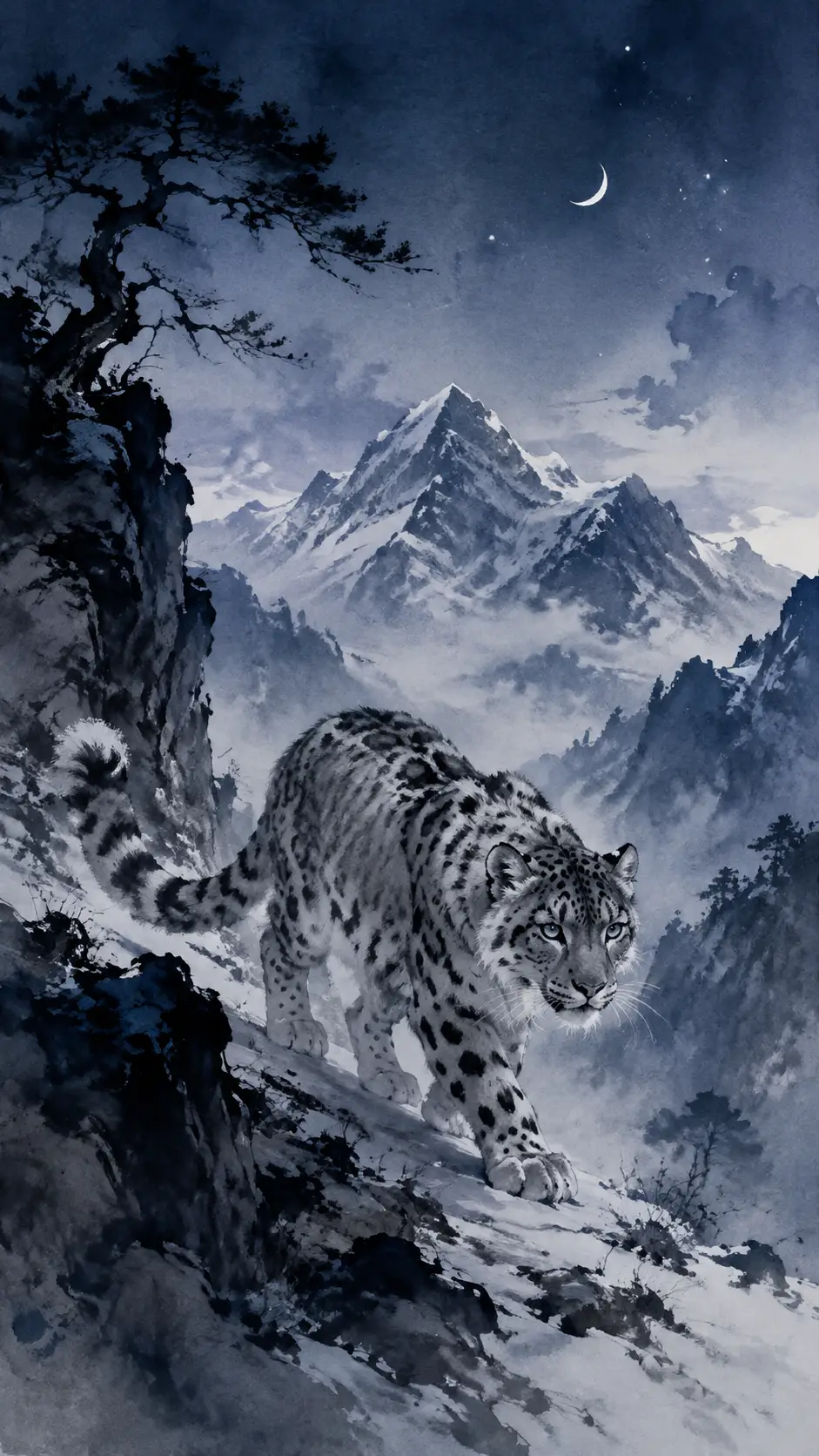 Snow leopard crossing a misty Himalayan mountain pass