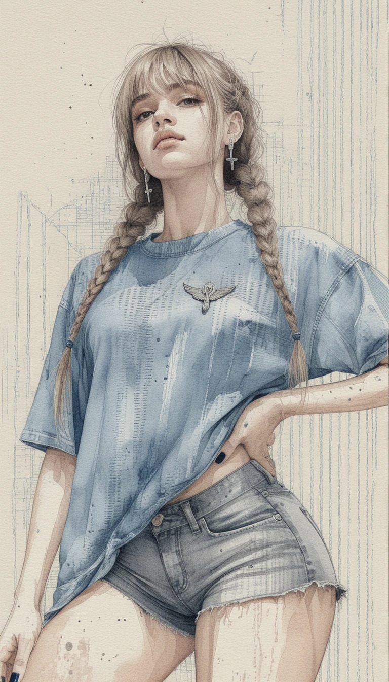 Confident girl in ink drawing with classical columns