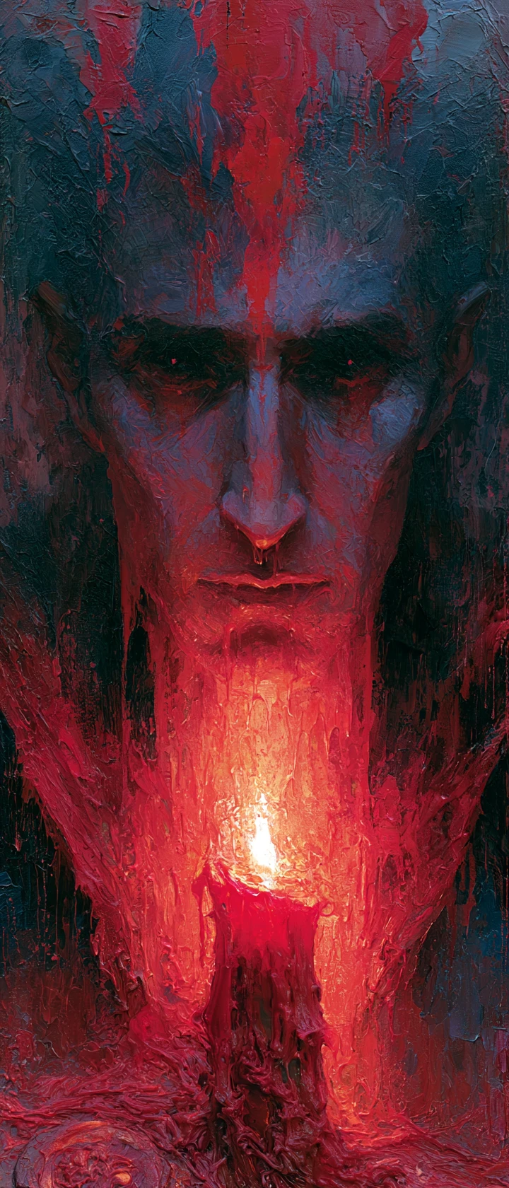 Retrato gótico de vampiro derretendo em cera vermelha de vela pingando