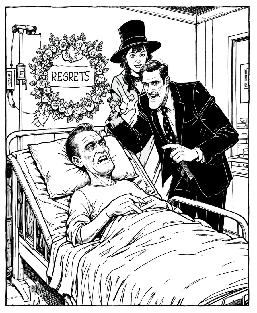 Caricatura satírica de hospital con paciente enfermo y visitantes codiciosos