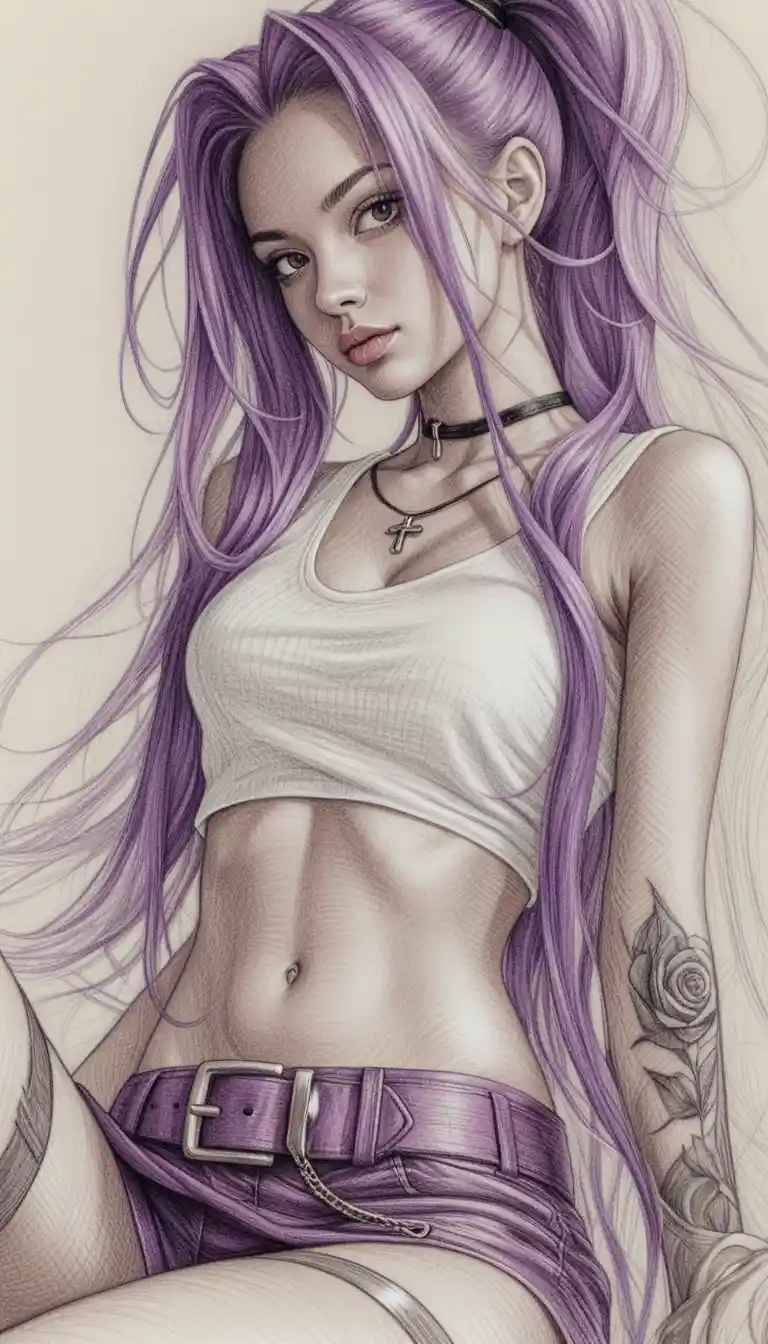 Confident purple haired girl in colored pencil portrait