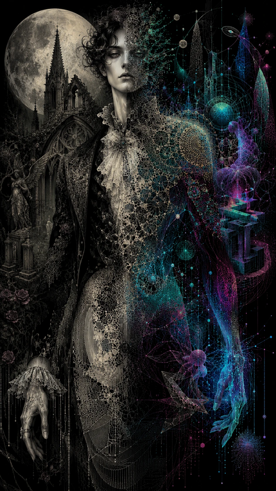 Figure androgyne entre pierre gothique et mondes fractals néon
