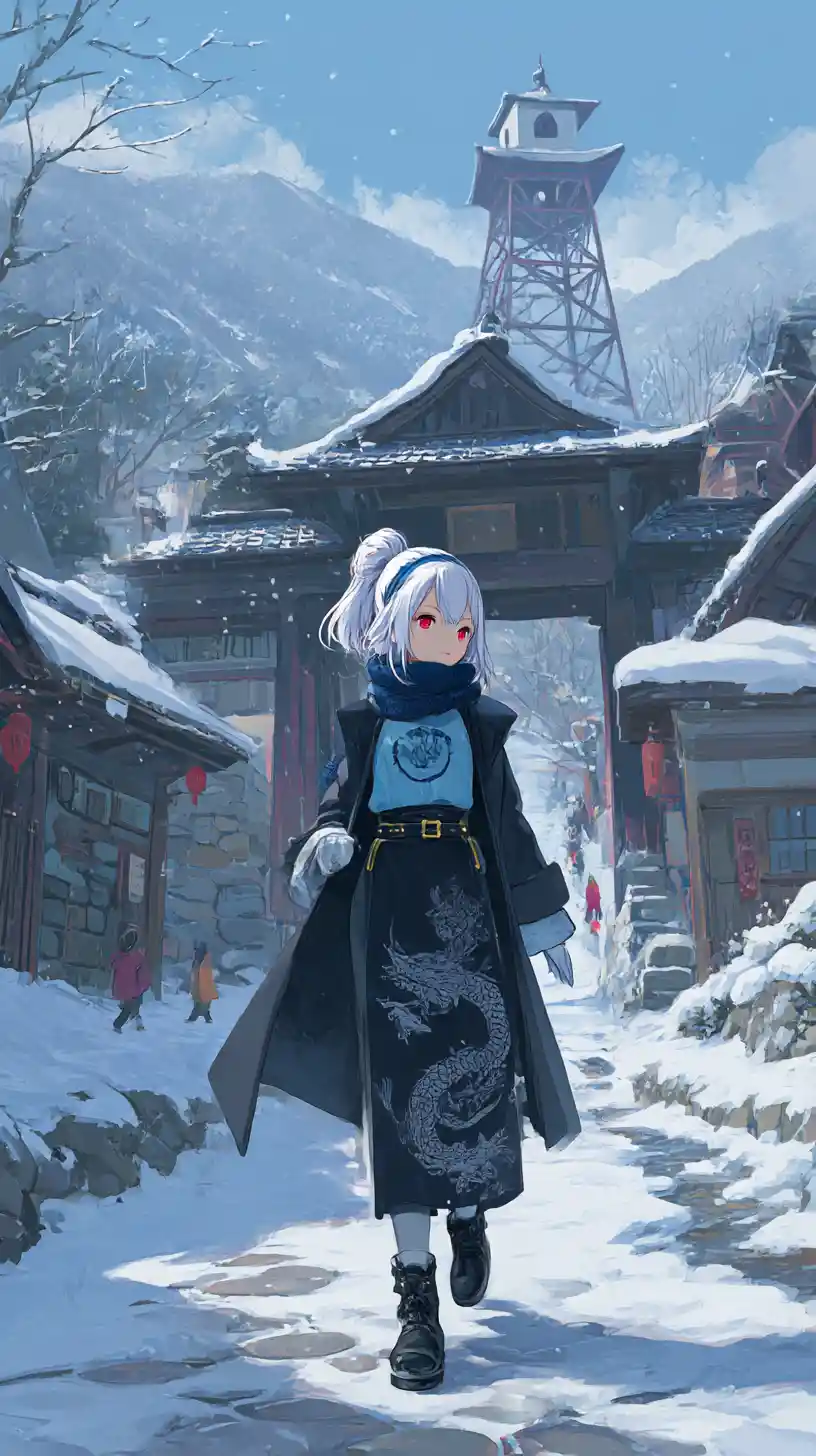 動漫少女走過白雪覆蓋的村莊前往莊園
