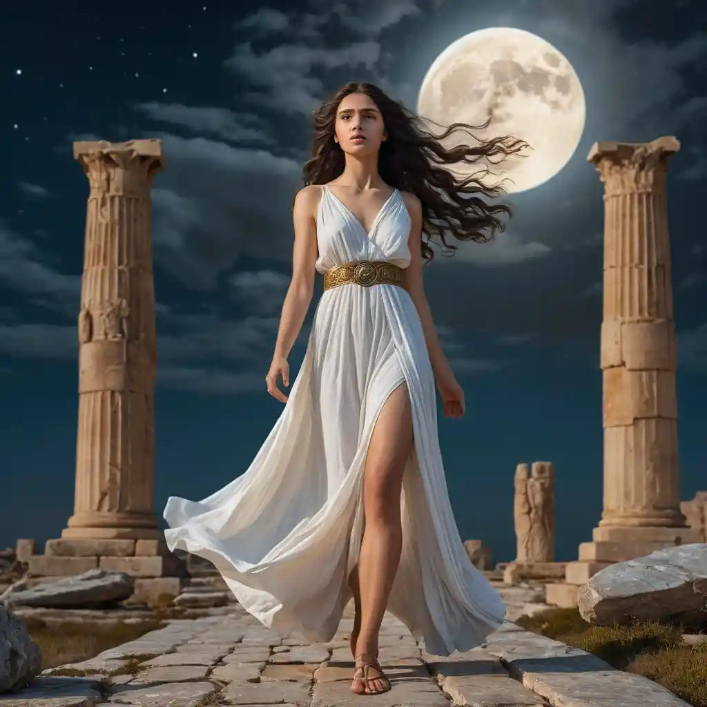 Moonlit goddess standing by ancient crossroads ruins