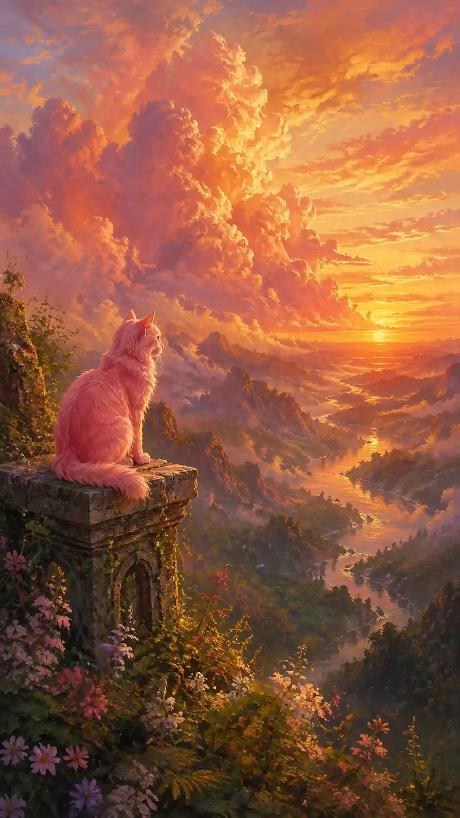 Rosa Katze mit Blick auf ein goldenes Tal bei Sonnenuntergang