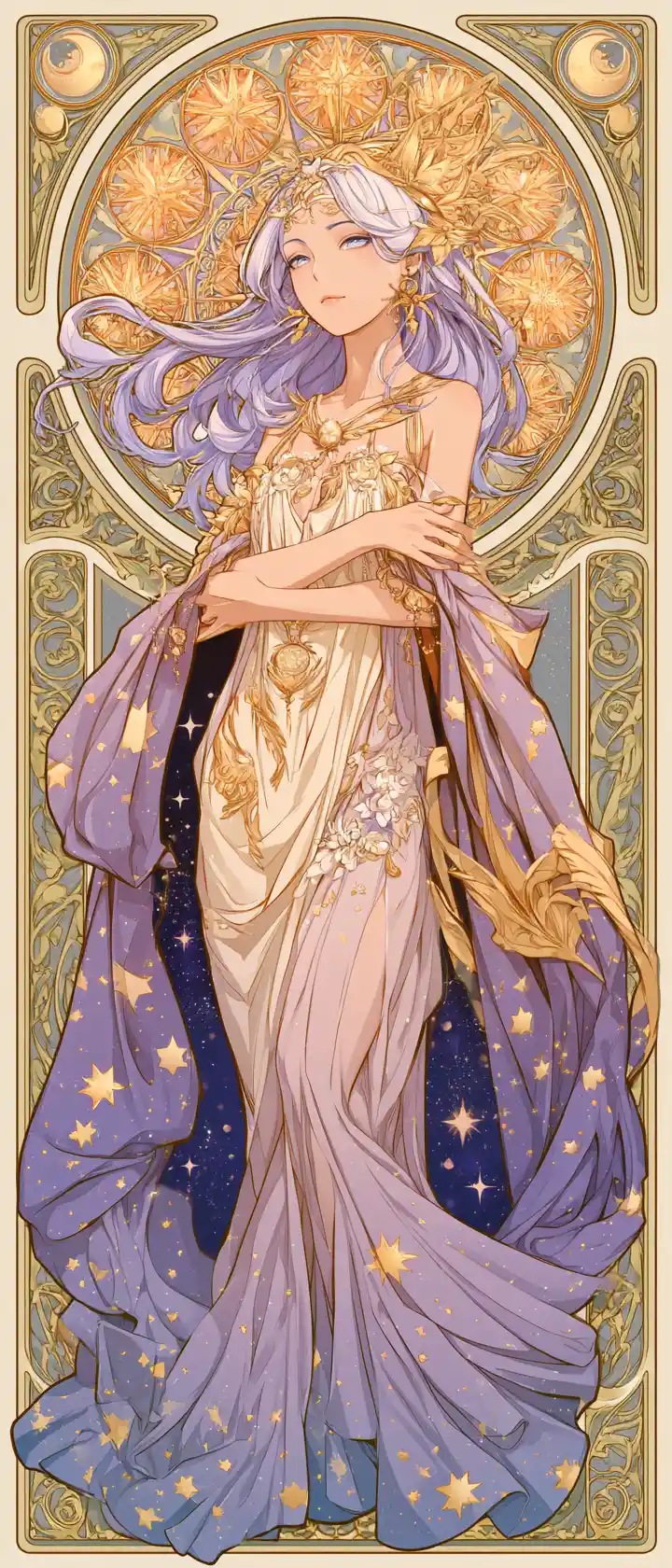 Deusa celestial de anime em seda cósmica fluida e ouro
