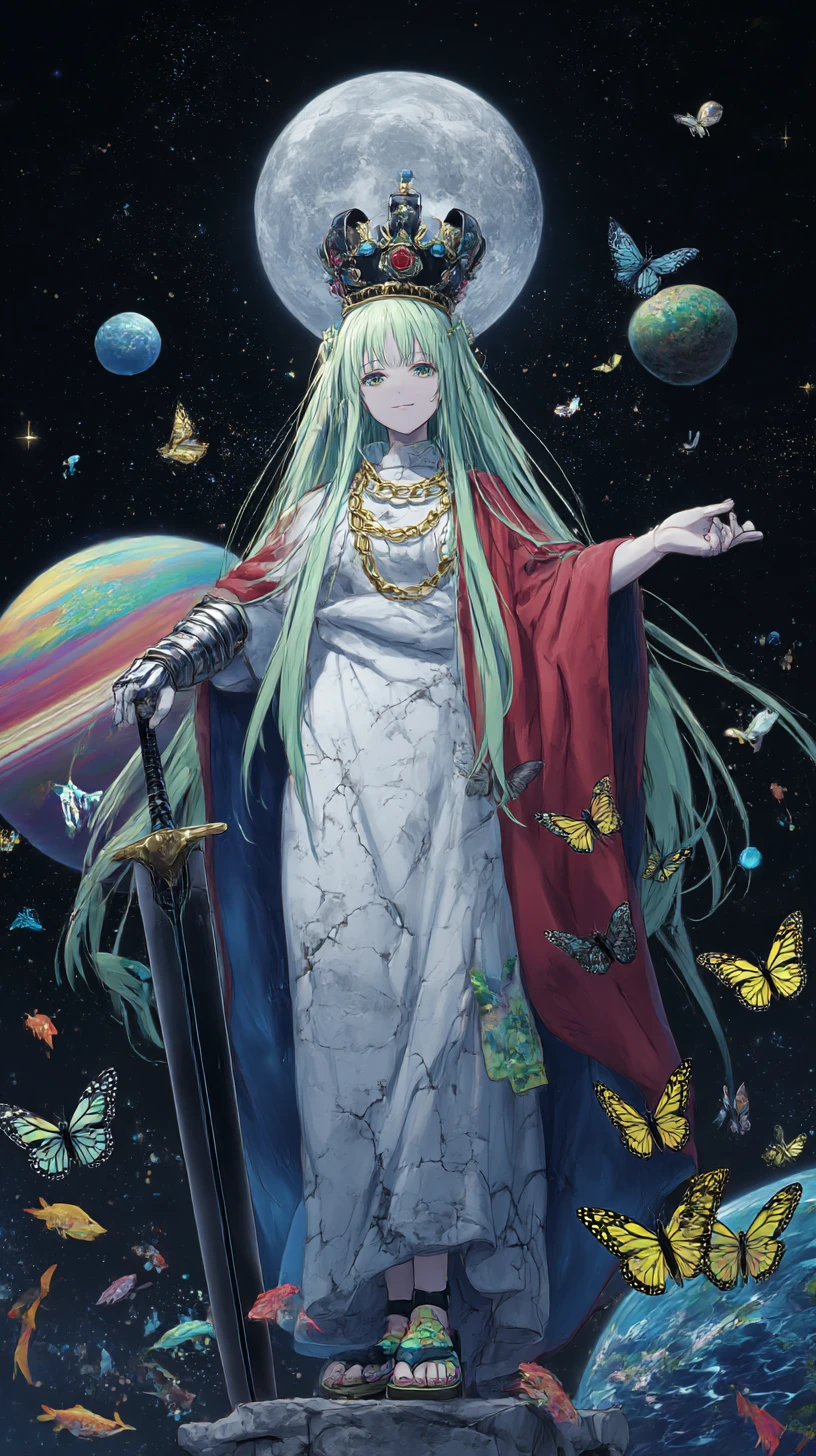 星空與月光下 巨大神像旁的動漫女孩