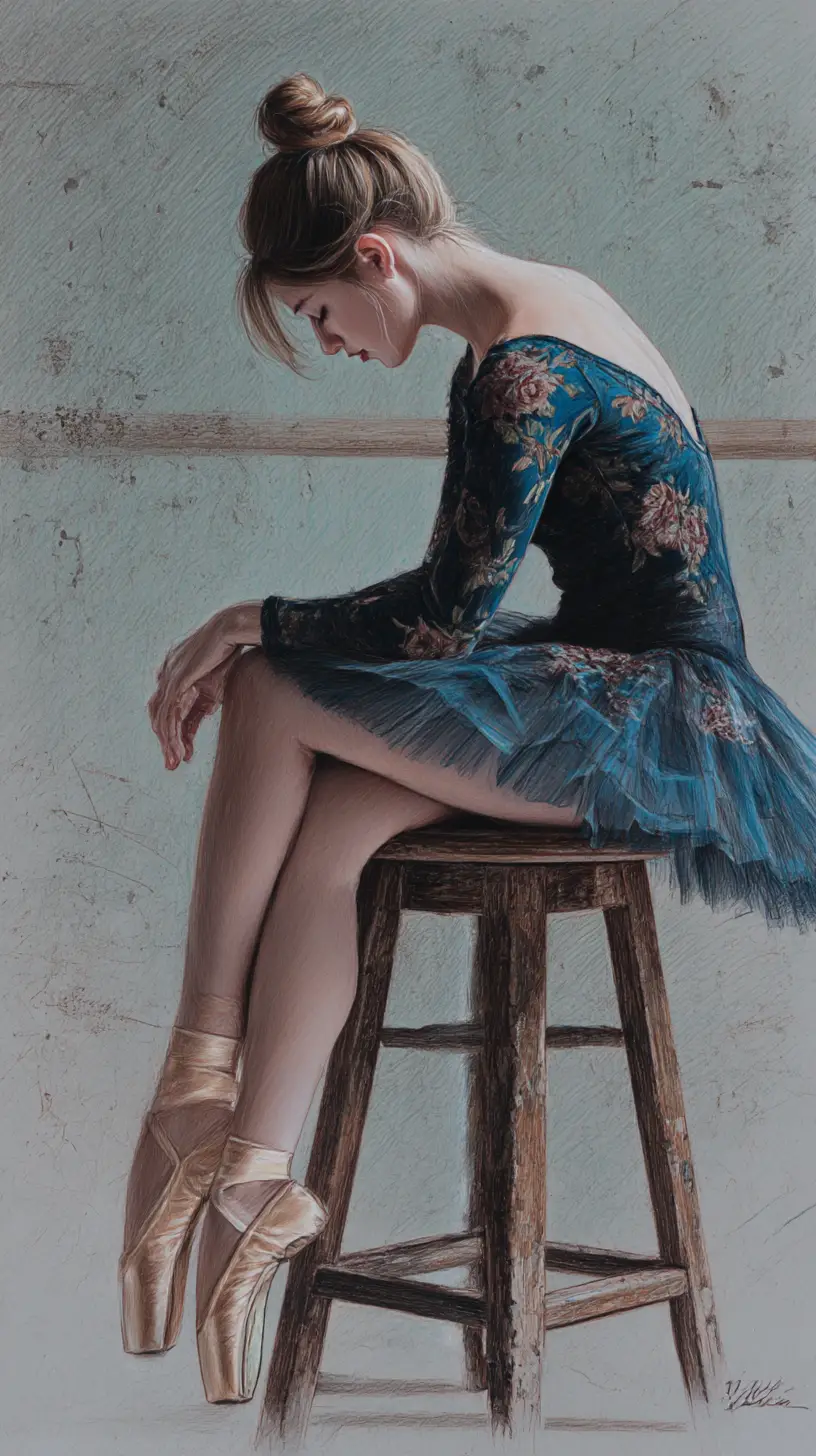 Junge Ballerina ruht auf einem abgenutzten Holzschemel