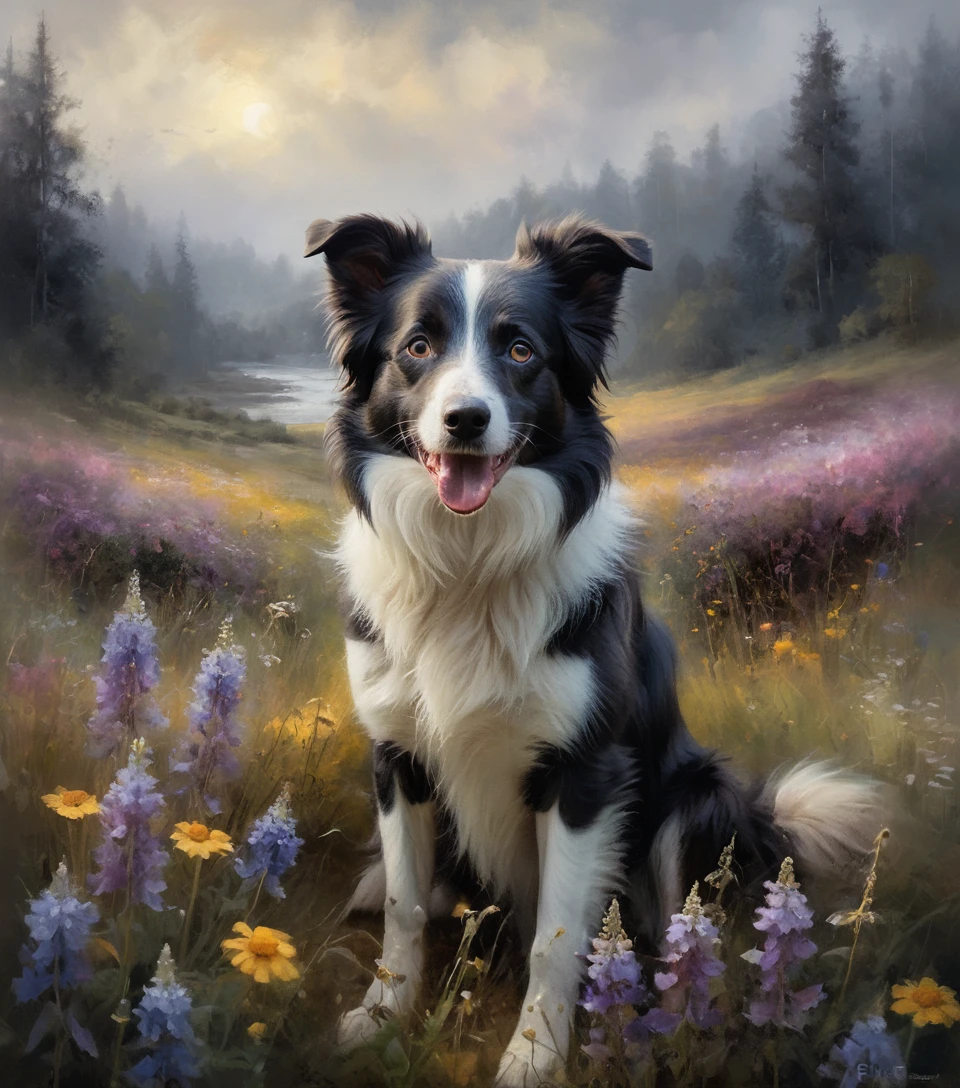 Retrato de border collie em cenário floral impressionista escuro