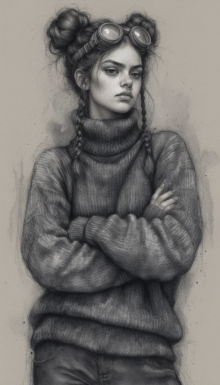 Moody girl with goggles in black and white pencil portrait