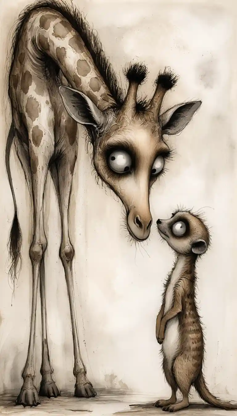 Girafe et suricate à l’encre surréaliste se fixant sur un papier vieilli