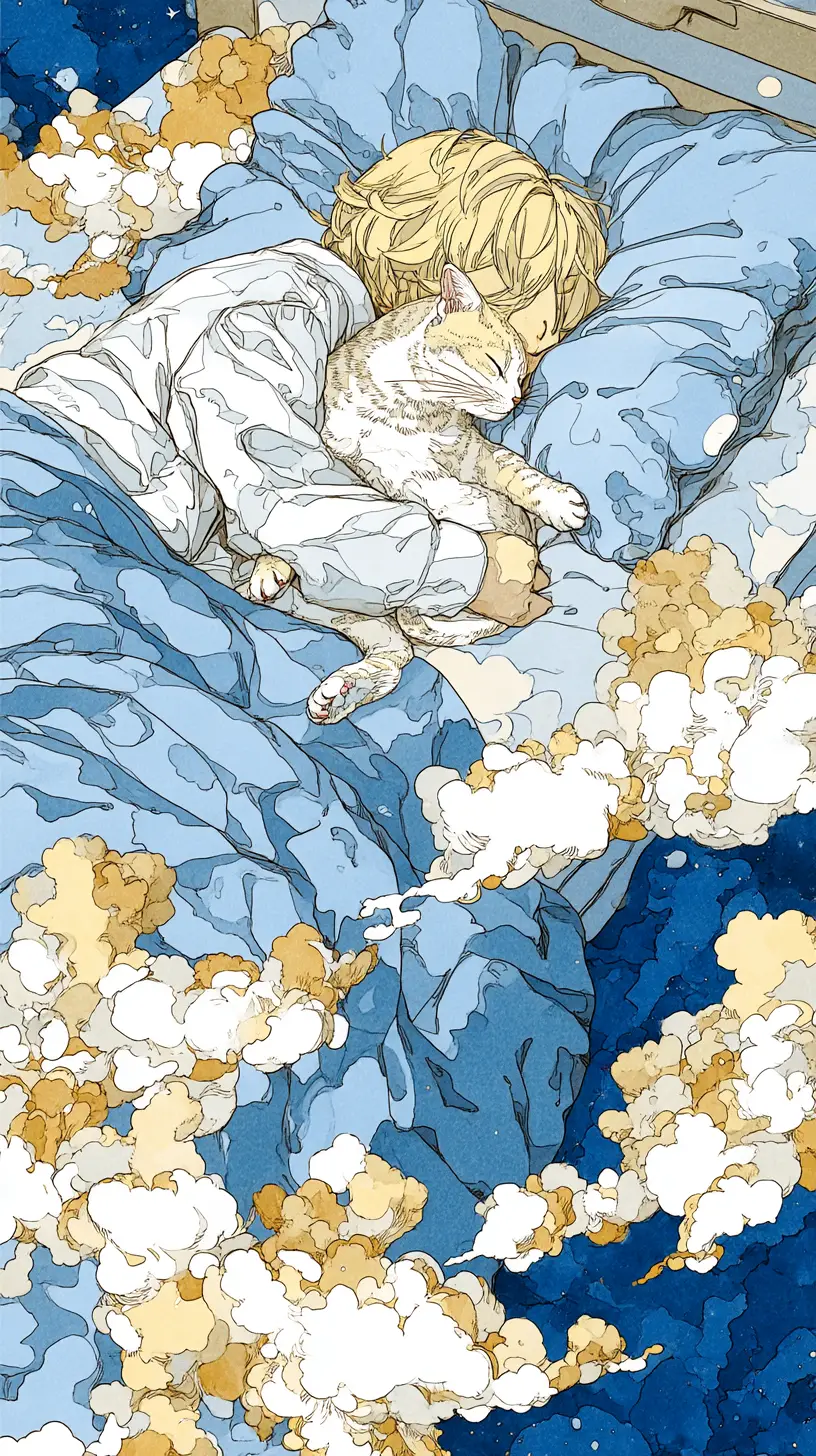 柔軟雲朵床上醒來的女孩與白貓