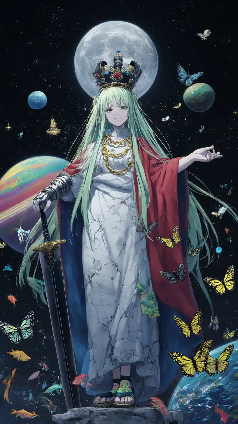 Anime girl beside colossal statue under starry moonlit sky