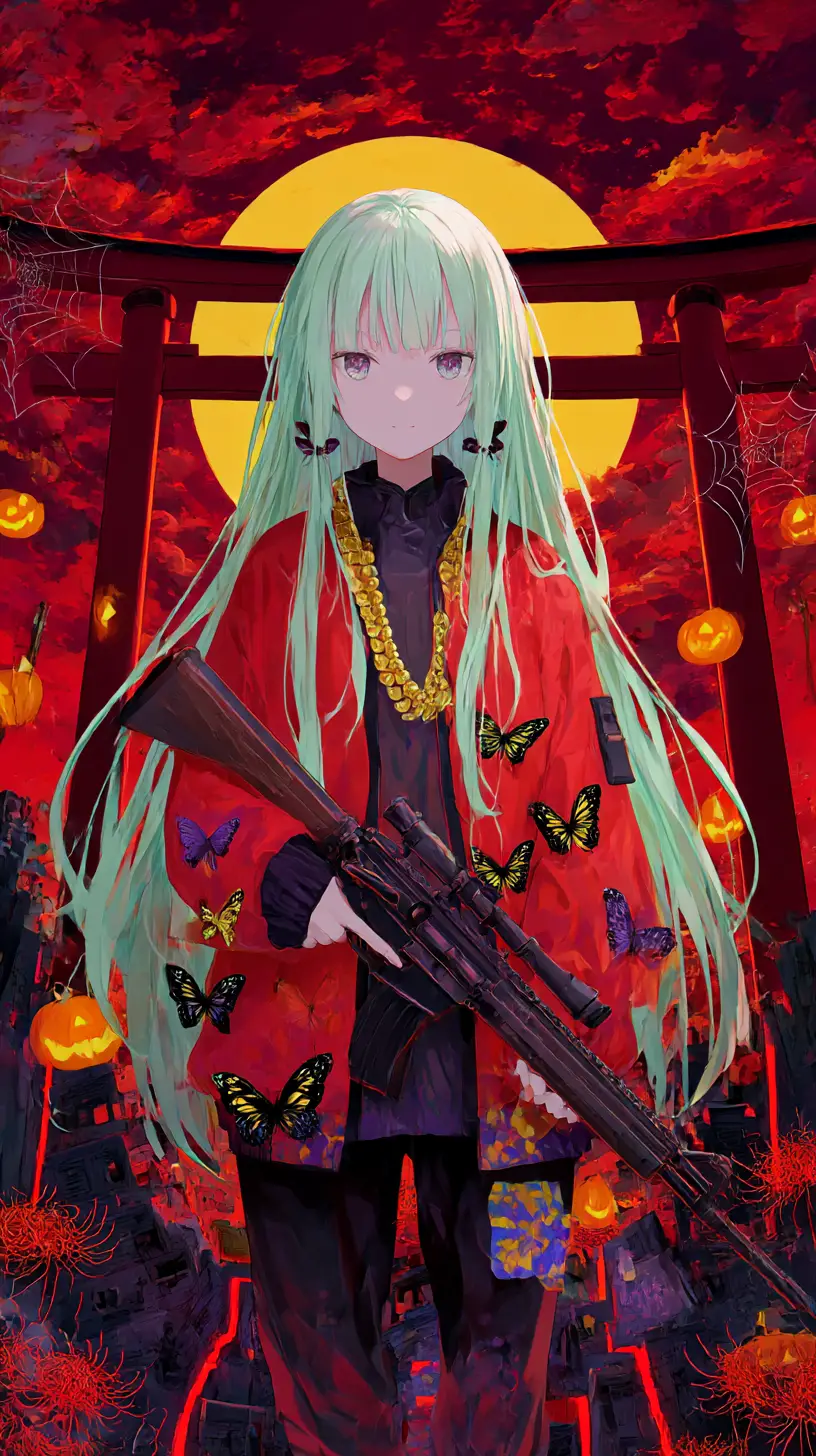 Anime girl at a lively Halloween party with ghosts and candy