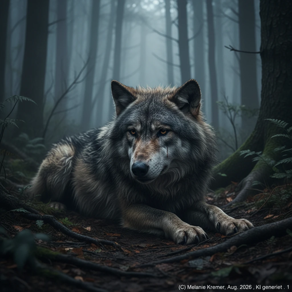 Lobo velho chorando sozinho no chão enevoado da floresta ao luar