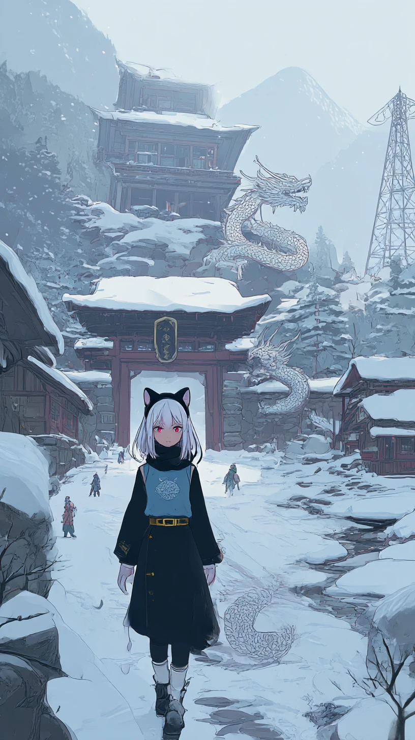 走在雪村通往華麗莊園的動漫少女