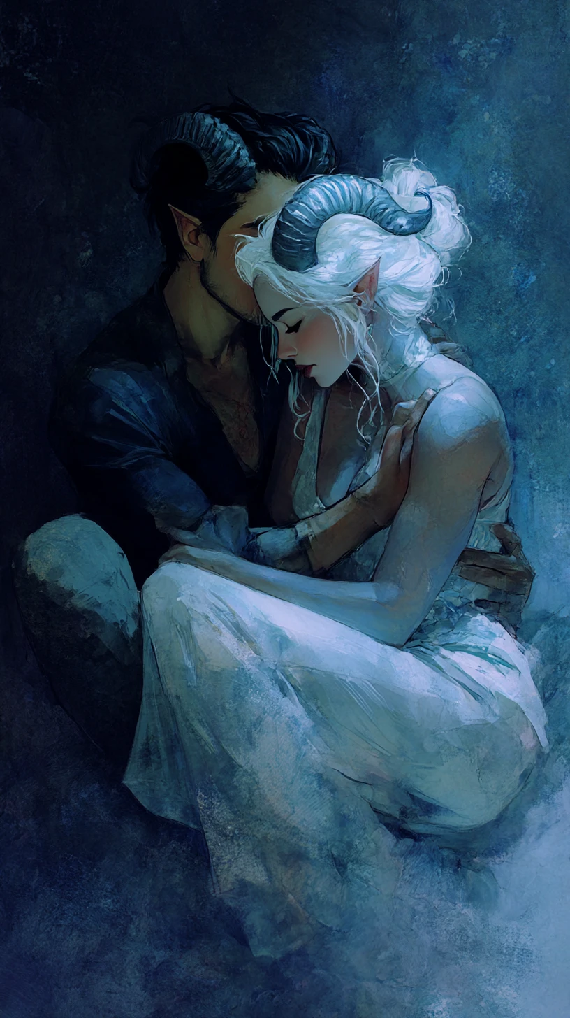 Tiefling woman embracing her lover in an intimate pose