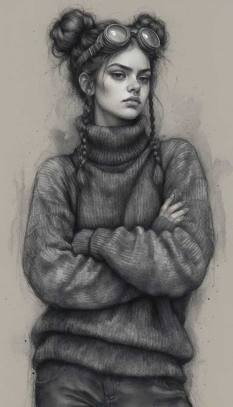 Moody girl with goggles in black and white pencil portrait