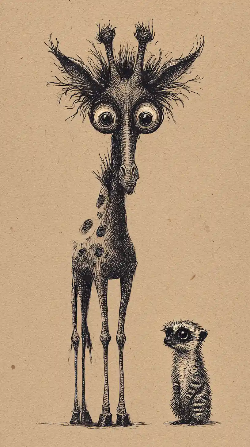 Eerie Ink Giraffe And Meerkat On Aged Paper
